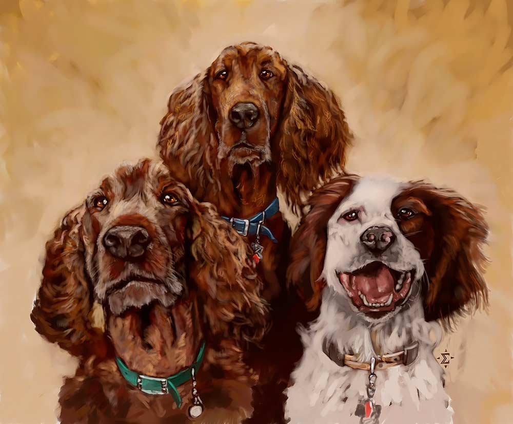 Custom pet portrait of three dogs