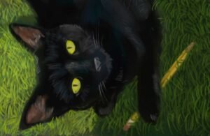 painting of a couple cats in the lawn