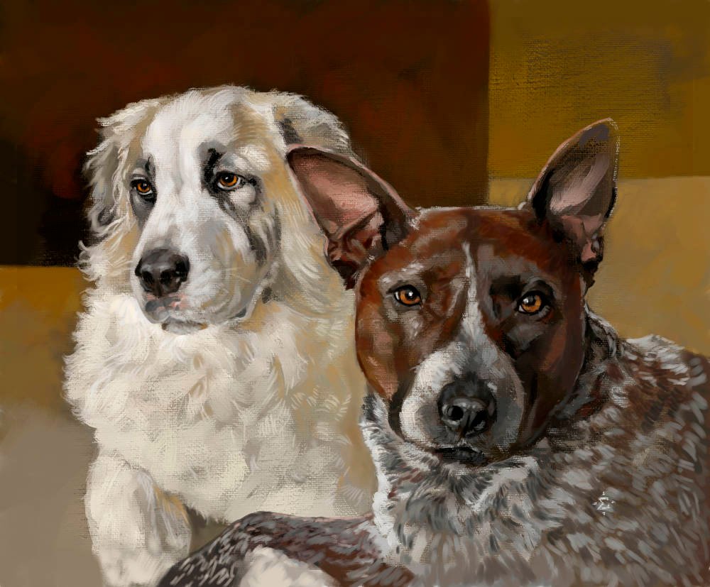 A portrait of two dogs, painted from separate reference photos