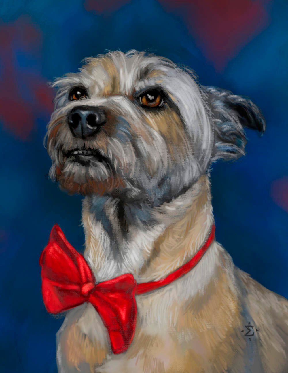 A portrait of Sage, a dog looking all dressed up for the holidays with a bright red bow tie.